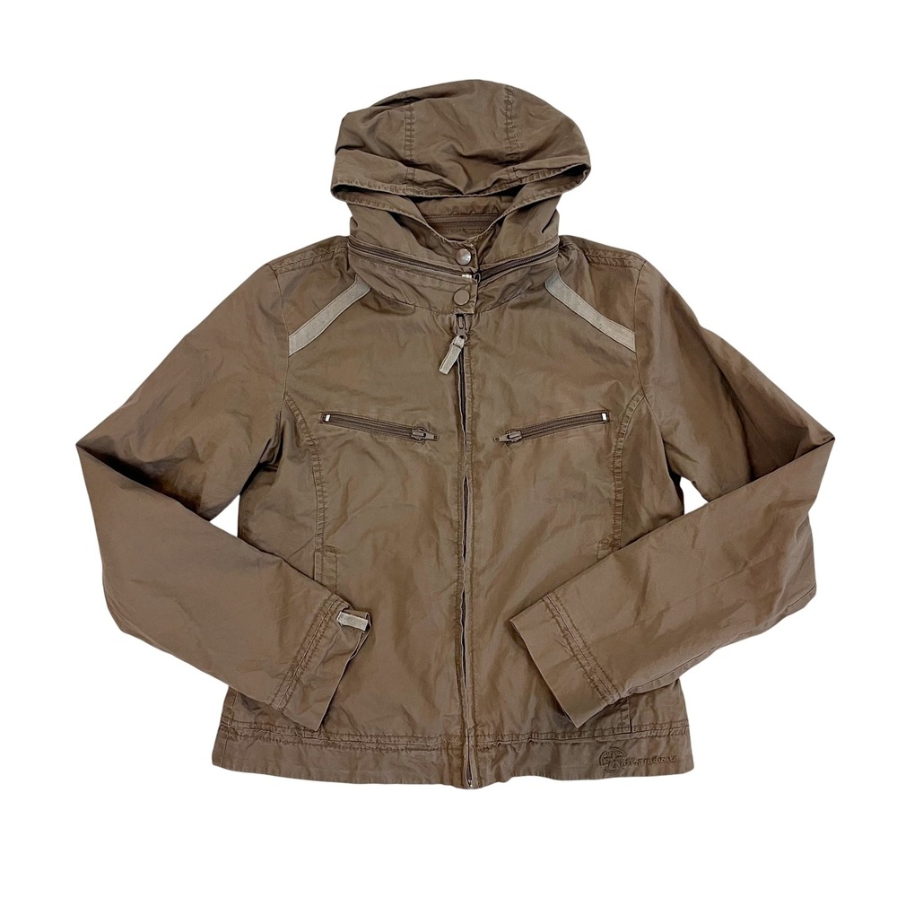 Orsay Women Brown Y2K Utility Hooded Jacket Cotton Full Zip Mesh Lined Size 36